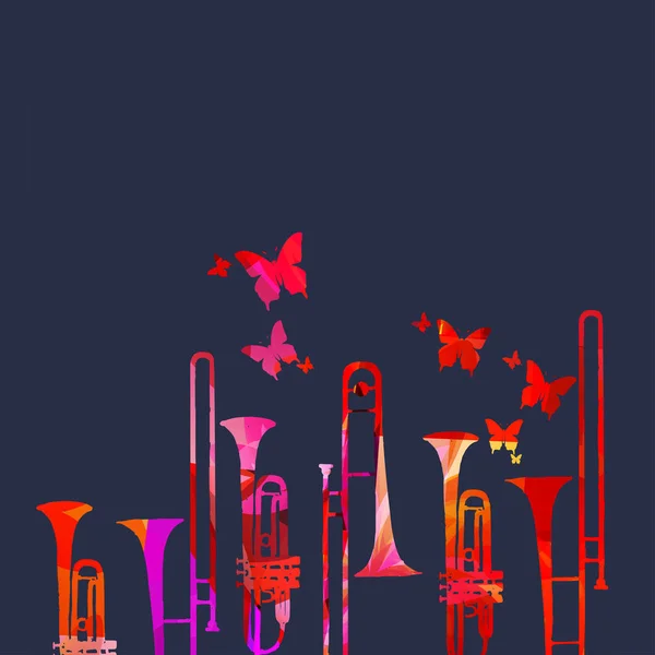 Музыкальный Фон Красочными Бабочками Музыкальными Трубами Векторная Иллюстрация — стоковый вектор
