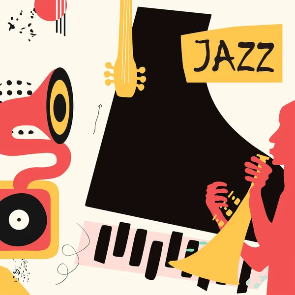 Jazz Music Festival Poster Trumpet Piano Gramophone Flat Vector Illustration — Stock Vector