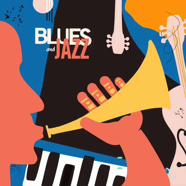 Festival Plakat Für Jazz Und Blues Mit Trompete Und Musikinstrumenten — Stockvektor