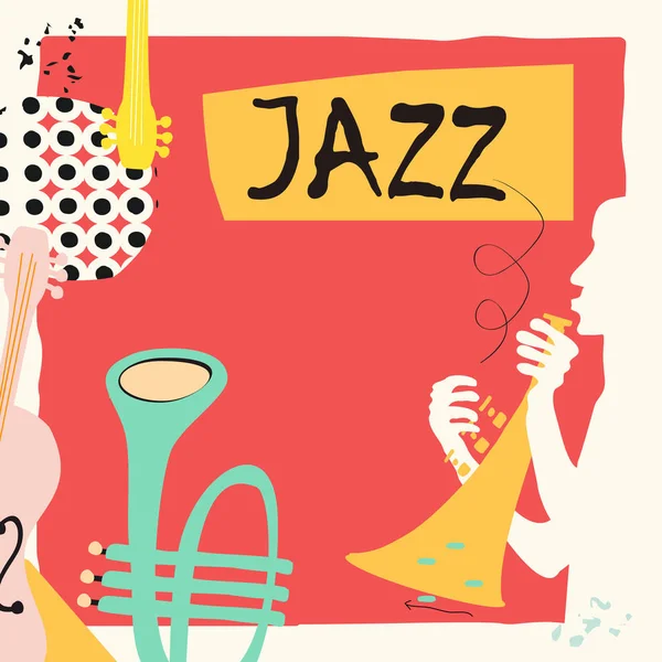 Jazz Muziek Festival Poster Met Trompet Cello Platte Vectorillustratie — Stockvector