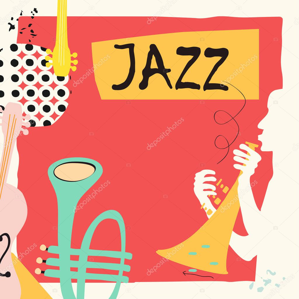 Jazz music festival poster with trumpet and violoncello flat vector illustration