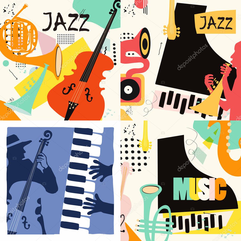 Colorful jazz concert poster with musical instruments background