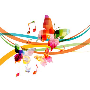Renkli müzik arka plan afiş kelebekler ve müzik notaları ile. Yaratıcı tasarım vektör çizim ile Müzik Festivali Afiş