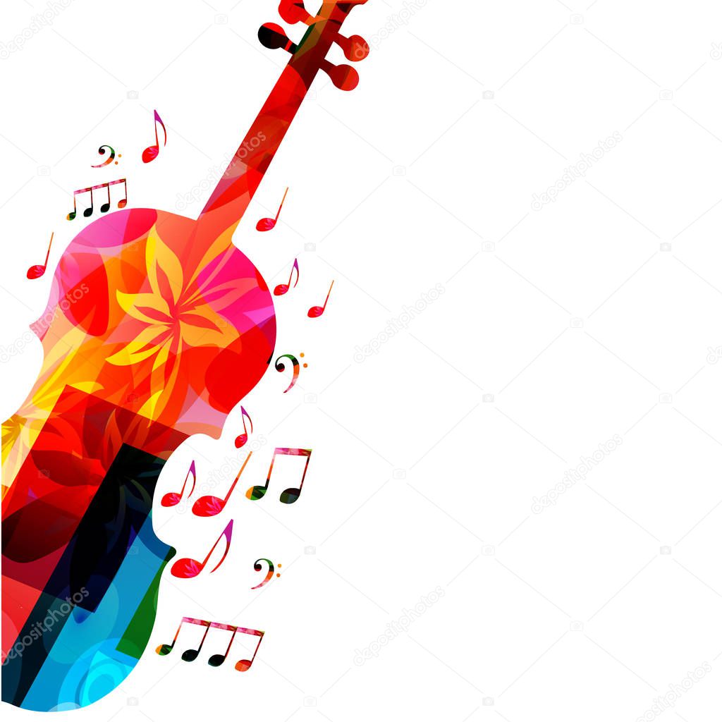 Colorful music background poster with violoncello and music notes. Music festival poster with creative cello design vector illustration