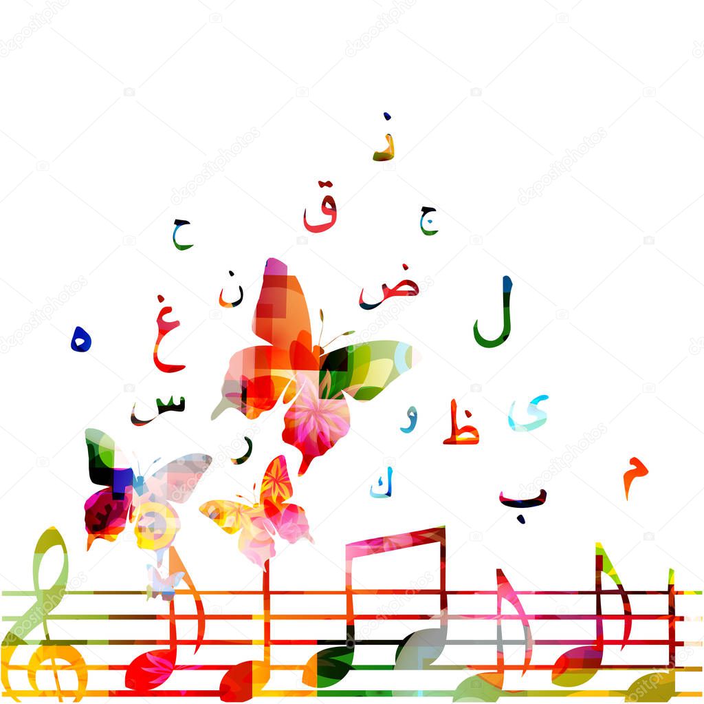 Music background with colorful music notes with Arabic Islamic calligraphy symbols and butterflies 