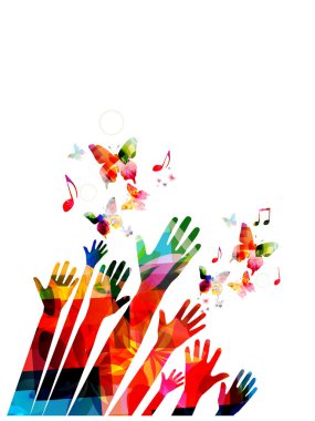 Müzik renkli arka plan ile müzik notlar ve eller, sanatsal müzik festivali afiş üzerinde beyaz izole