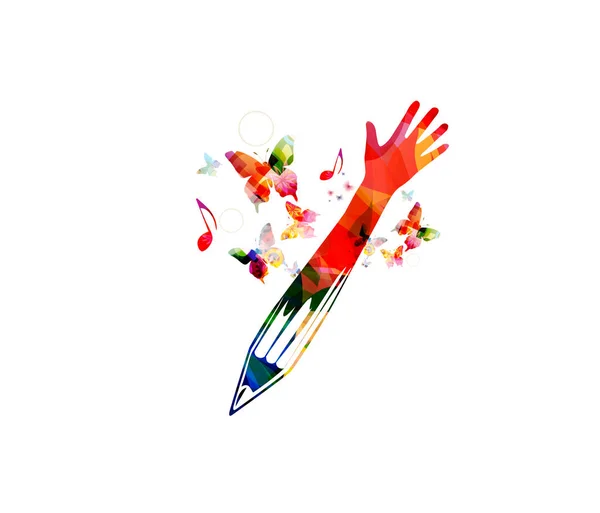 五颜六色的铅笔与人的手和音乐笔记 艺术音乐节海报隔绝在白色 — 图库矢量图片