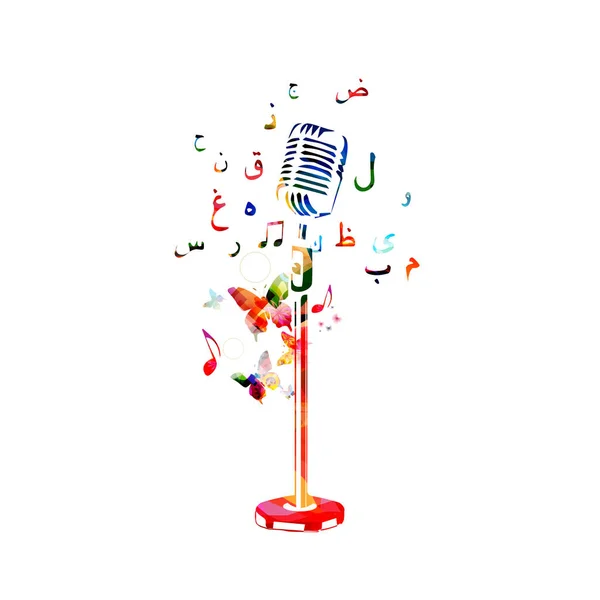 Music Colorful Background Microphone Arabic Calligraphy Symbols Isolated White — Stock Vector