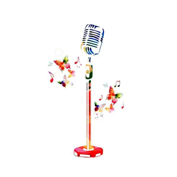 Müzik Mikrofon Notlar Kelebekler Üzerinde Beyaz Izole Renkli Arka Plan — Stok Vektör