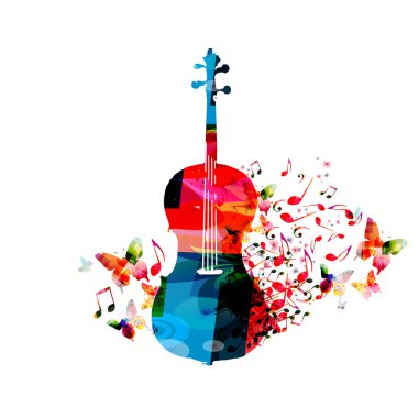 Renkli müzik arka plan afiş ile viyolonsel, kelebekler ve müzik notlar. Müzik Festivali Afiş yaratıcı çello tasarım vektör çizim ile