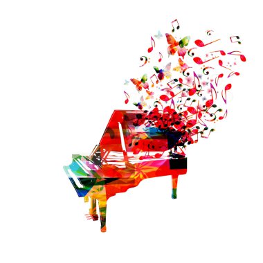 Yaratıcı müzik stil şablonu vektör çizim, renkli piyano tuşları, müzik aleti arka plan müzik notaları ile. Müzik afiş, broşür, afiş, el ilanı, konser, müzik festivali, müzik Mağaza Tasarım