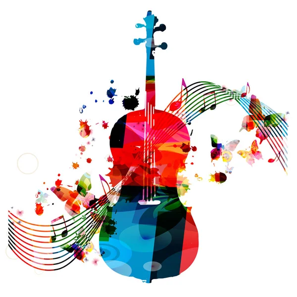 五颜六色的音乐背景海报 包括大提琴 蝴蝶和音乐音符 音乐节海报与创造性的大提琴设计向量例证 — 图库矢量图片
