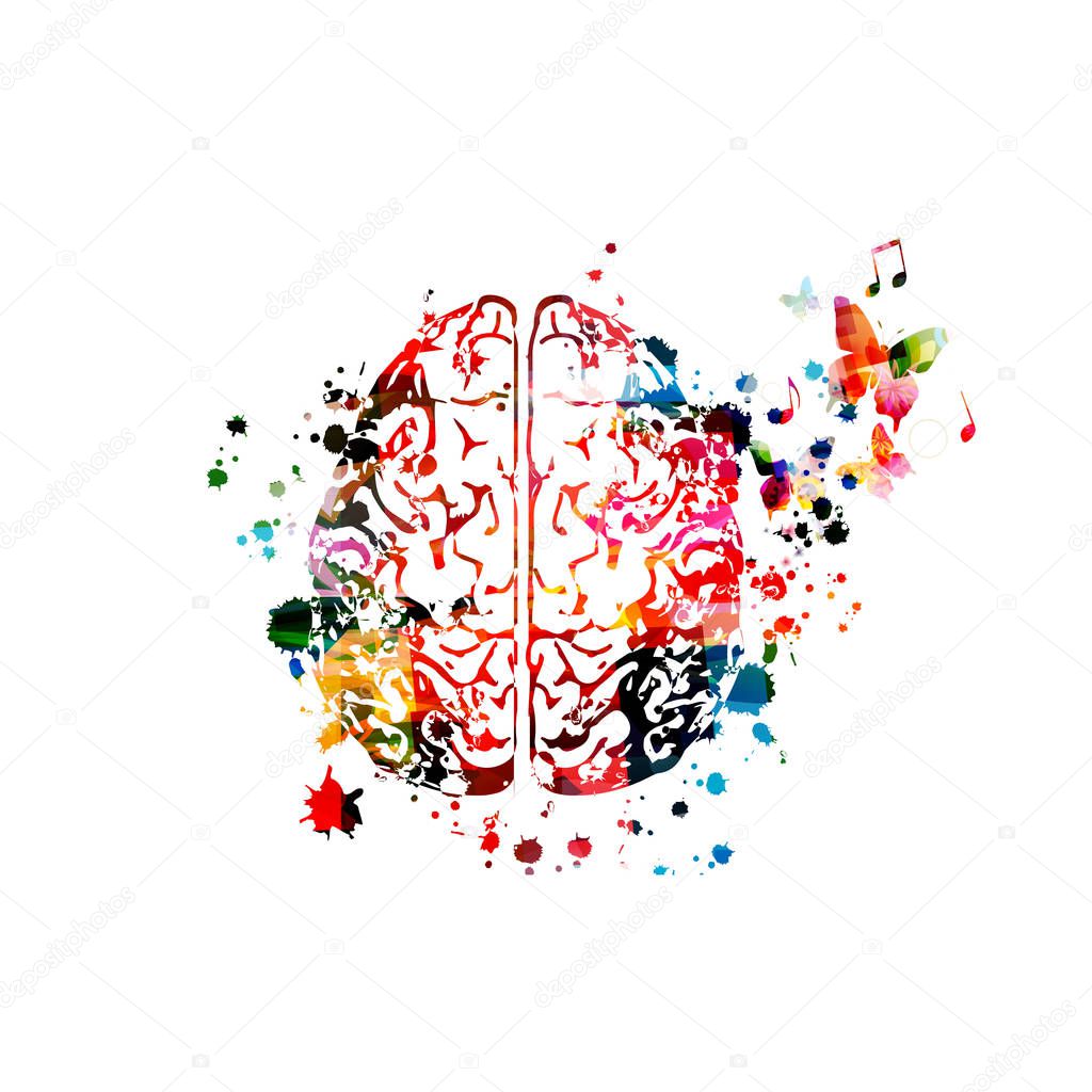 Colorful human brain with music notes isolated on white 