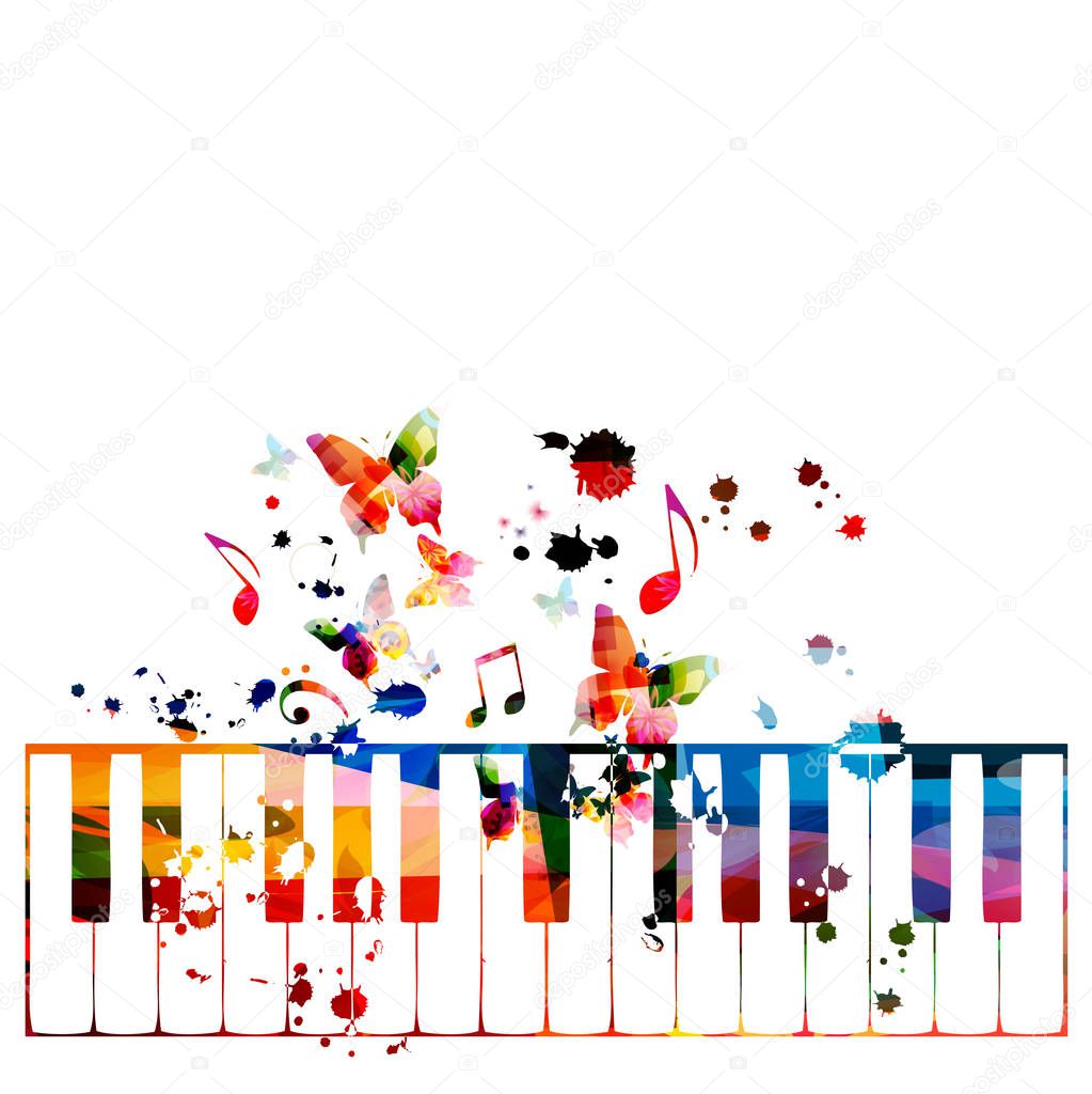 Colorful piano keys with music notes isolated vector illustration design. Music background. Piano keyboard poster with music notes, festival poster, live concert events, party flyer