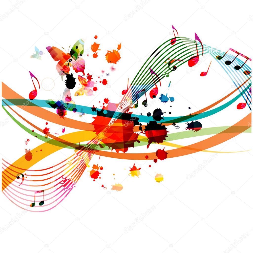 Music background with colorful music notes vector illustration design. Artistic music festival poster, live concert events, party flyer, music notes signs and symbols