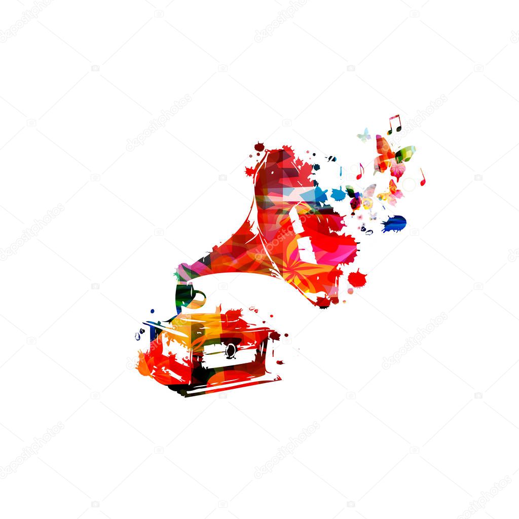 Colorful gramophone with music notes isolated vector illustration design. Music background. Retro phonograph with music notes, music festival poster, concert events, party flyer
