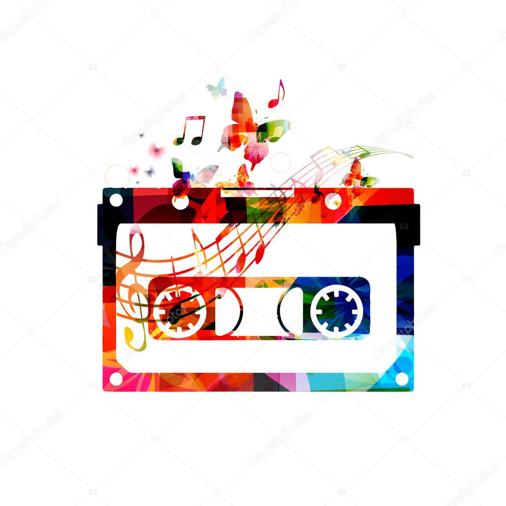 Colorful cassette tape with music notes isolated vector illustration design. Music background. Retro cassette tape design for music festival poster, concert events, party flyer