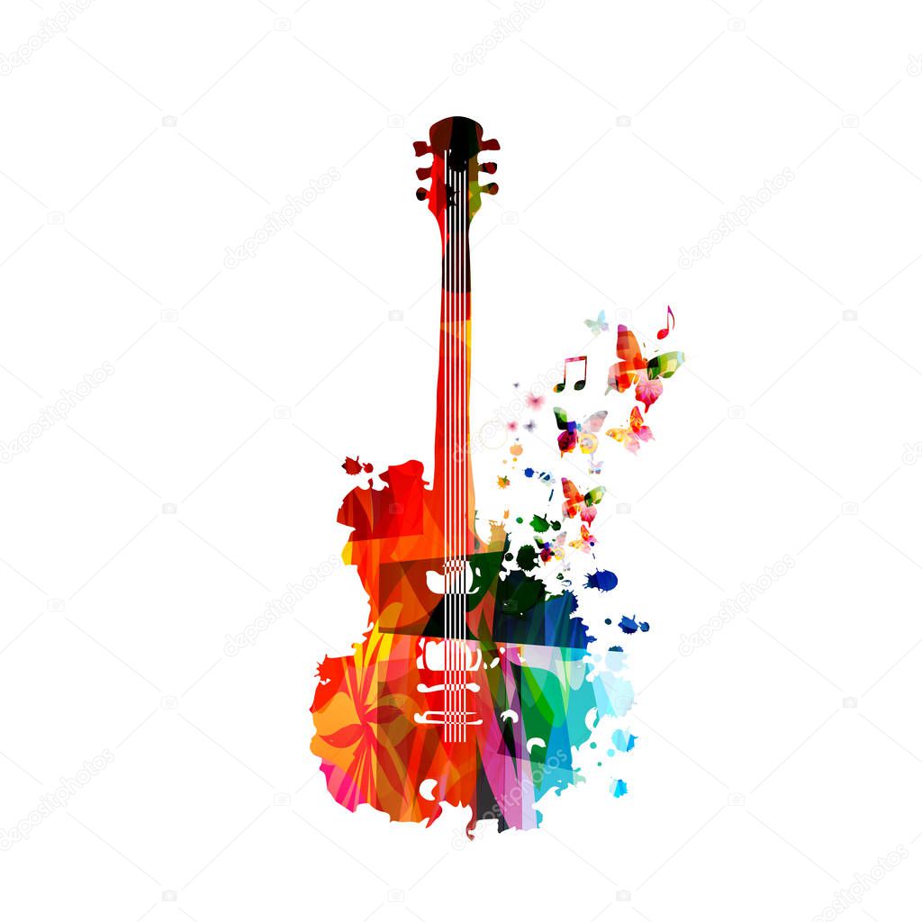 Colorful guitar with music notes isolated vector illustration design. Music background. Music instrument poster with music notes, festival poster, live concert events, party flyer