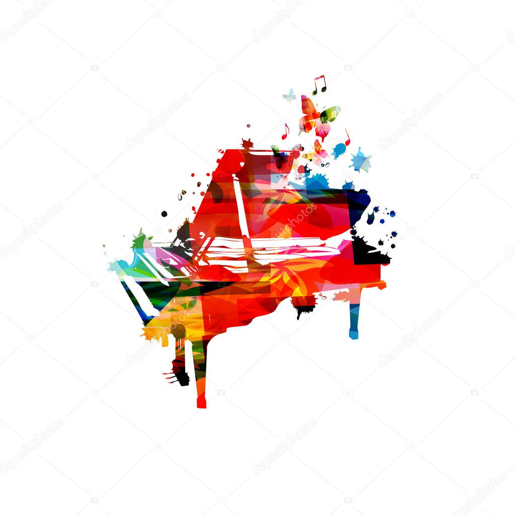 Colorful piano with music notes isolated vector illustration design. Music background. Music instrument poster with music notes, festival poster, live concert events, party flyer