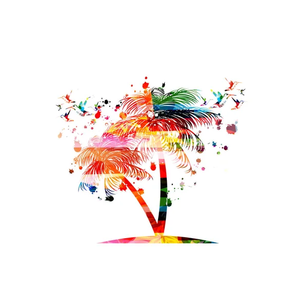 Palmeira Colorida Com Beija Flores Isolado Vetor Ilustração Fundo Cartaz — Vetor de Stock