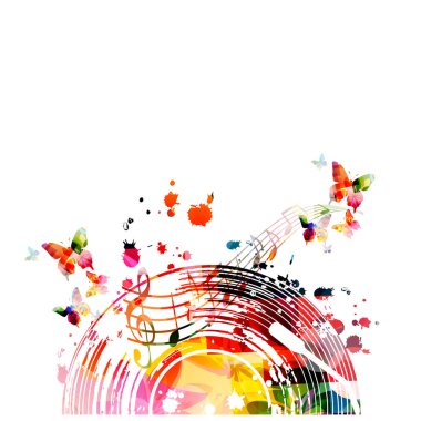 Müzik arka plan renkli vinil kayıt ve müzik notlar vektör çizim tasarımı ile. Sanatsal Müzik Festivali afiş, olaylar, parti el ilanı, müzik notlar işaret ve sembolleri