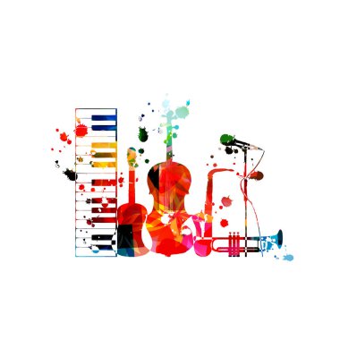Vektör illüstrasyon müzik arka plan renkli müzik aletleri ile izole. Sanatsal Müzik Festivali afiş, canlı konser etkinlikleri, parti el ilanı piyano, gitar, çello, saksafon, trompet ve mikrofon ile 