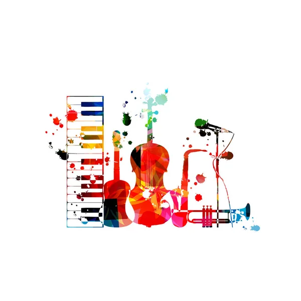 音乐背景与五颜六色的乐器隔离的向量例证设计 艺术音乐节海报 现场音乐会活动 党传单与钢琴 大提琴 萨克斯 小号和麦克风 — 图库矢量图片