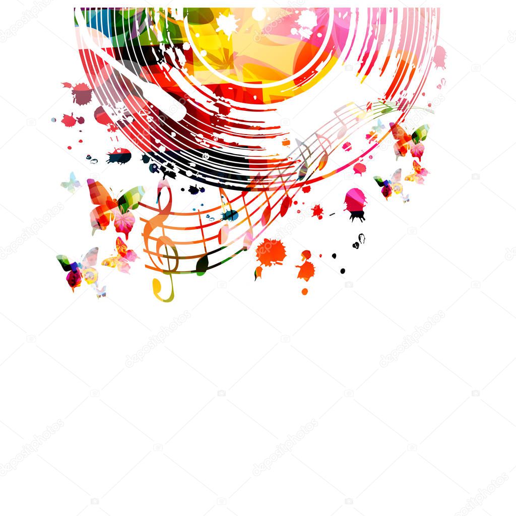 Music background with colorful vinyl record and music notes vector illustration design. Artistic music festival poster, events, party flyer, music notes signs and symbols