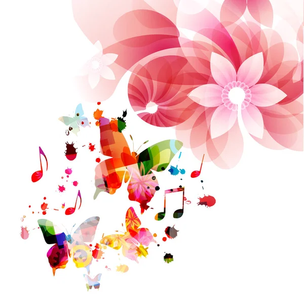 Papillons Colorés Avec Des Notes Grandes Fleurs Roses — Image vectorielle