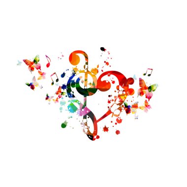 Kalp şeklinde G-clef izole vektör illüstrasyon tasarımı. Kelebekler ile renkli müzik arka plan. Sanatsal müzik festivali afişi, canlı konser etkinlikleri, parti el ilanı, müzik notaları işaretleri ve sembolleri