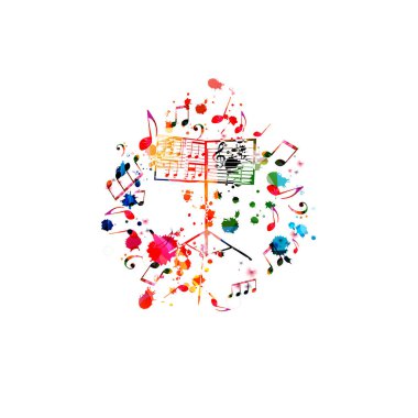 Vektör çizim renkli müzik standı müzik notları ile izole. Müzik arka plan. Müzik Festivali afiş, canlı konser etkinlikleri, parti el ilanı