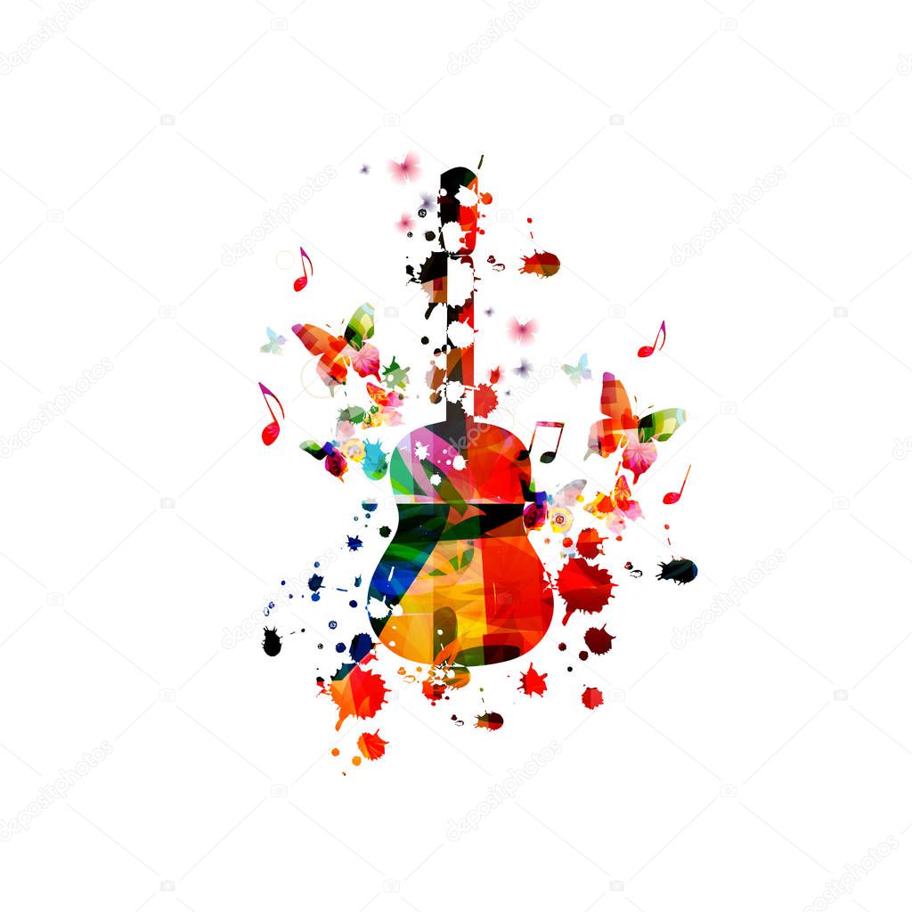 Colorful guitar with music notes isolated vector illustration design. Music background. Guitar poster with music notes, music festival poster, live concert events, party flyer