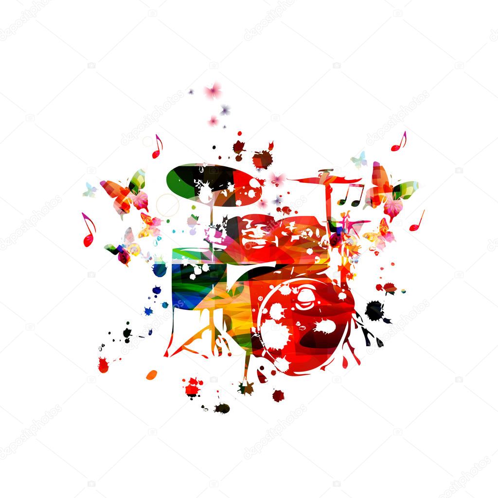 Colorful drum set with music notes isolated vector illustration design. Music background. Drums poster with music notes, music festival poster, live concert events, party flyer