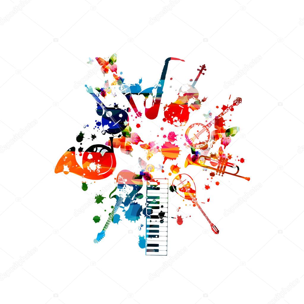 Music instruments background. Colorful piano keyboard, guitar, french horn, Portuguese guitar, microphone, saxophone, violoncello, banjo, trumpet, mandolin isolated vector illustration design