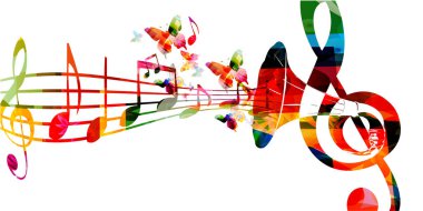 Renkli tiz clef ve trompet, vektör illüstrasyon tasarımı ile müzik arka plan. Sanatsal müzik festivali poster, canlı konser etkinlikleri, parti Flyer, müzik notları işaretler ve semboller