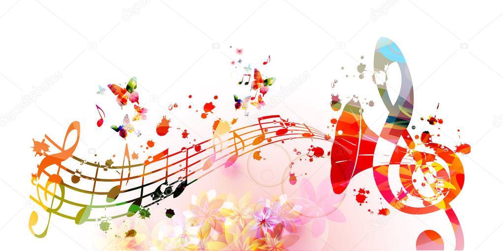 Music background with colorful treble clef and trumpet, vector illustration design. Artistic music festival poster, live concert events, party flyer, music notes signs and symbols