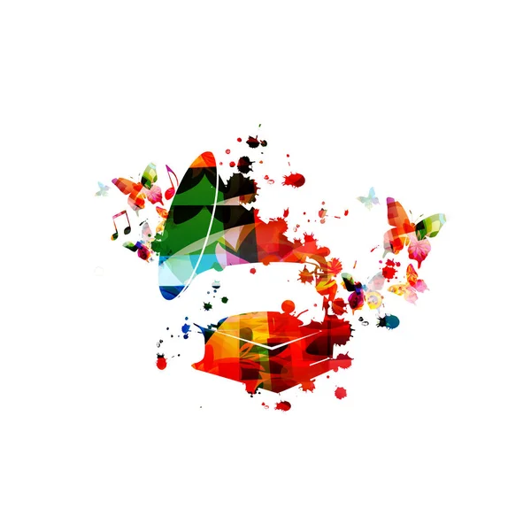 Красочный Граммофон Нотами Изолированный Векторный Рисунок Музыкальный Фон Ретро Фонограф — стоковый вектор