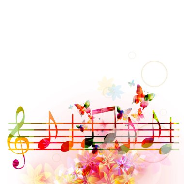 Renkli G-clef ve müzik notaları vektör illüstrasyon tasarımı ile müzik arka plan. Sanatsal müzik festivali afişi, canlı konser etkinlikleri, parti el ilanı, müzik notaları işaretleri ve sembolleri 