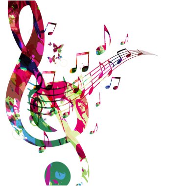 Renkli G-clef ve müzik notaları vektör illüstrasyon tasarımı ile müzik arka plan. Sanatsal müzik festivali afişi, canlı konser etkinlikleri, parti el ilanı, müzik notaları işaretleri ve sembolleri 