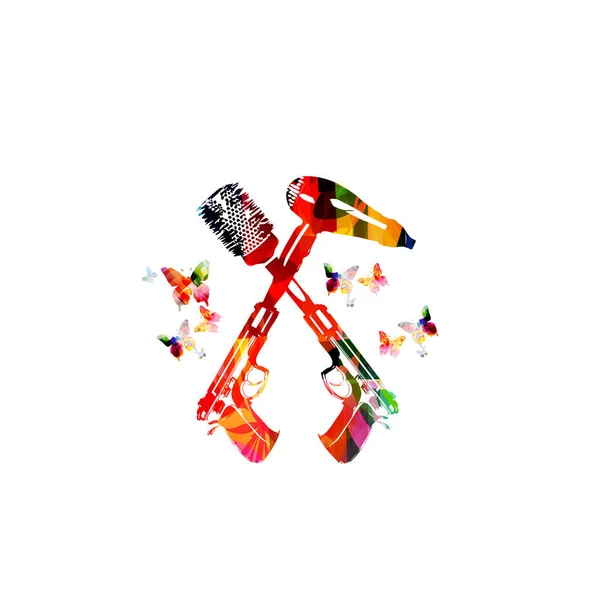 Красочный Музыкальный Фон Бабочками Пистолетами Феном Расчёской — стоковый вектор