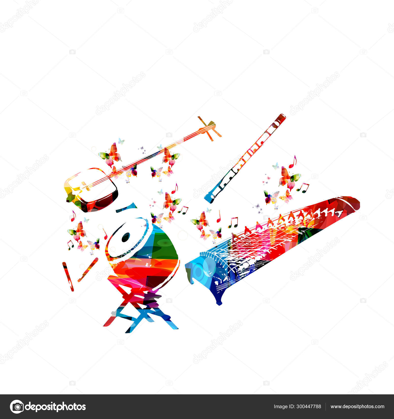 Colorful Zither Instrument Flute Banjo Music Notes Butterflies Isolated  White Stock Vector Image by ©abstract412 #300447788