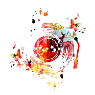 Beyaz arka plan, müzik festivali afiş izole müzik notları ve kelebekler ile renkli gramofon kaydı 