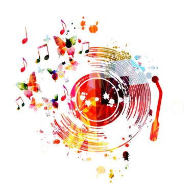 Beyaz arka plan, müzik festivali afiş izole müzik notları ve kelebekler ile renkli gramofon kaydı 