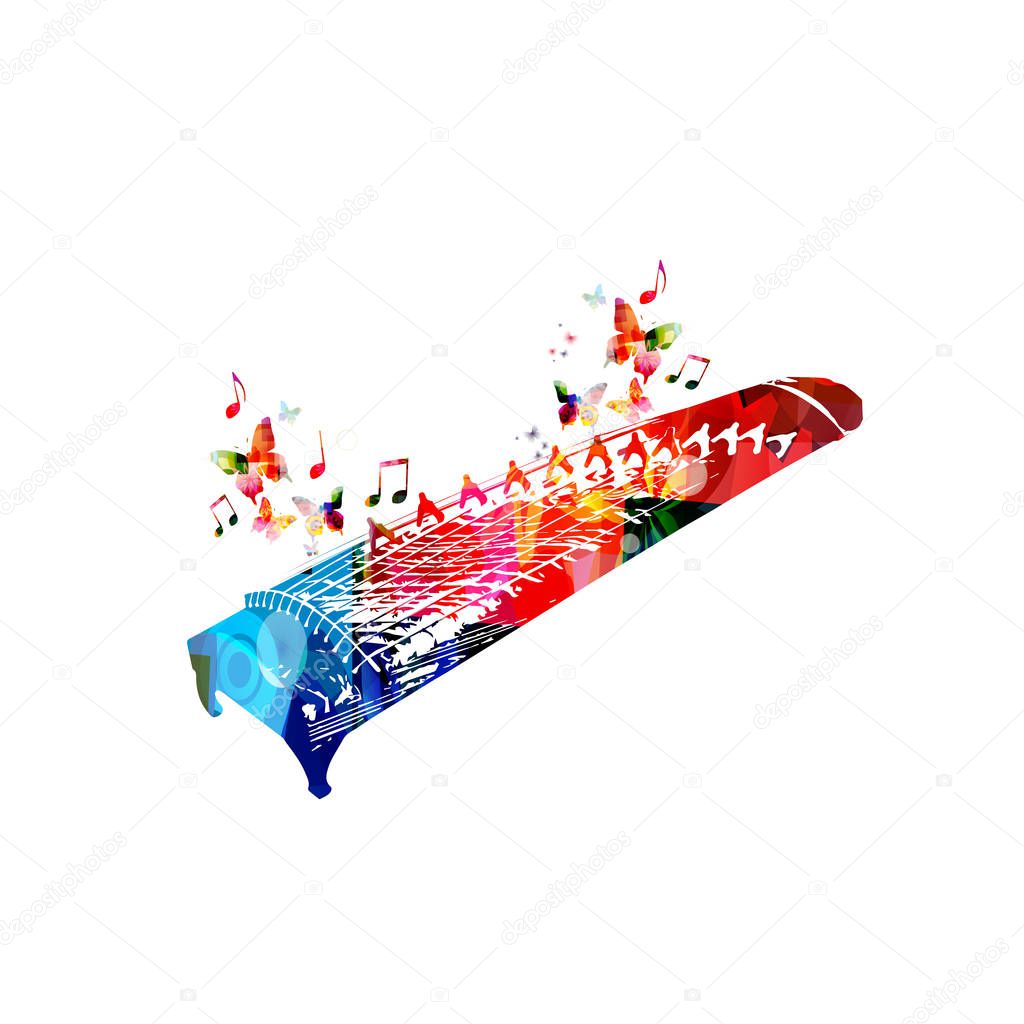 Colorful zither instrument with music notes and butterflies isolated on white background, music festival poster 