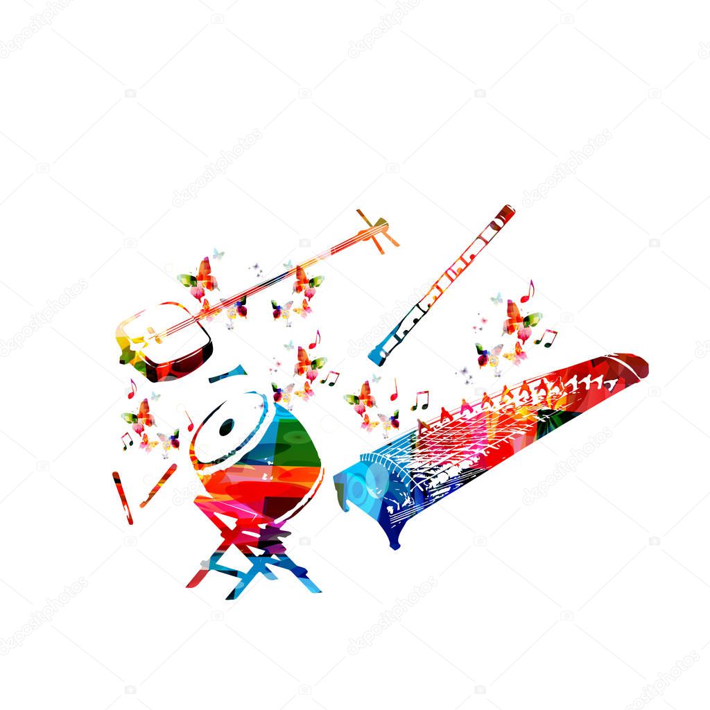 Colorful zither instrument and flute with banjo music notes and butterflies isolated on white background, music festival poster 
