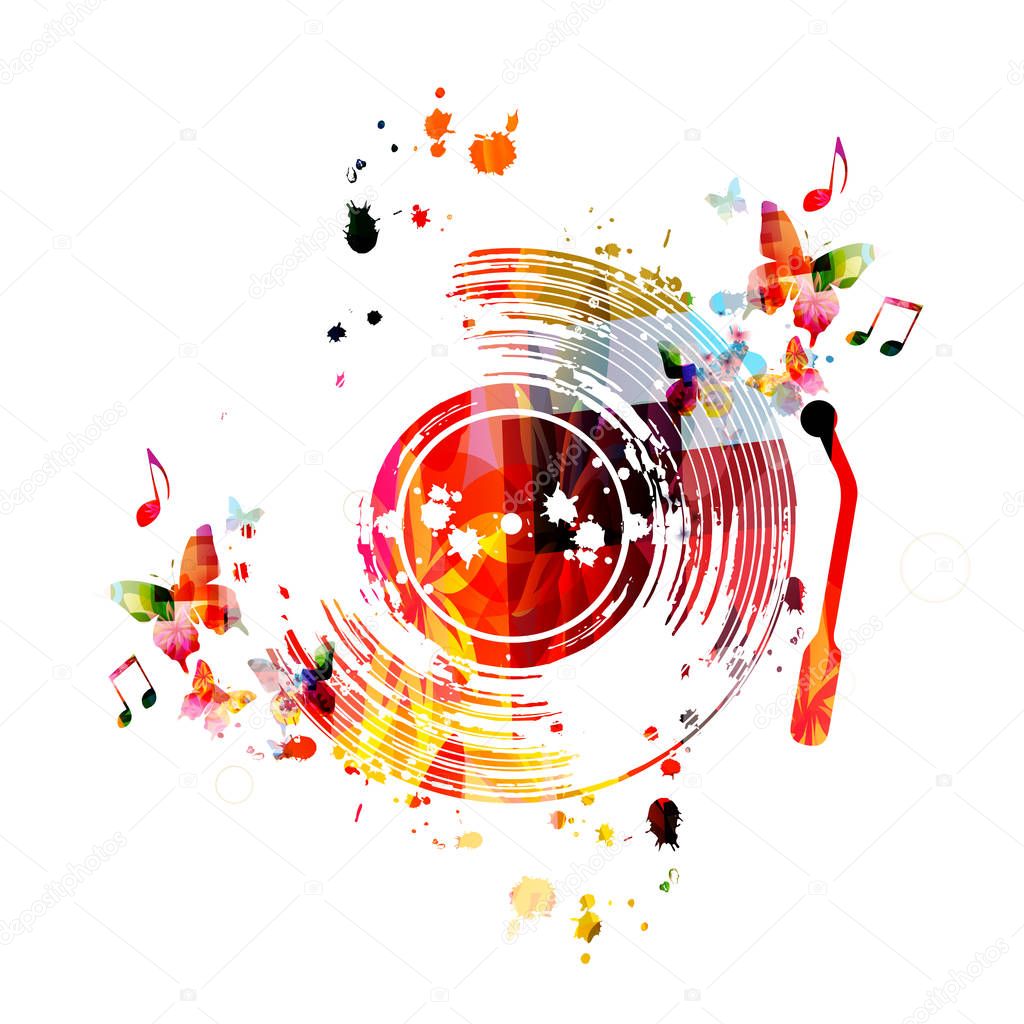 Colorful gramophone record with music notes and butterflies isolated on white background, music festival poster 