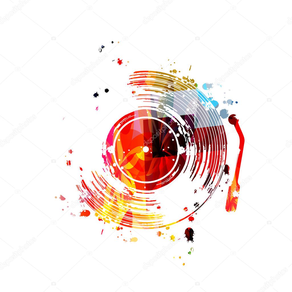 Colorful gramophone record with music notes and butterflies isolated on white background, music festival poster 