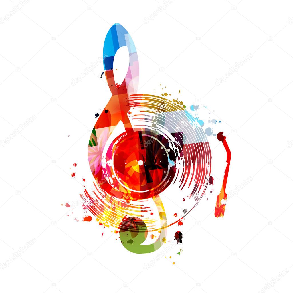 Colorful G-clef and gramophone record with music notes and butterflies isolated on white background, music festival poster 