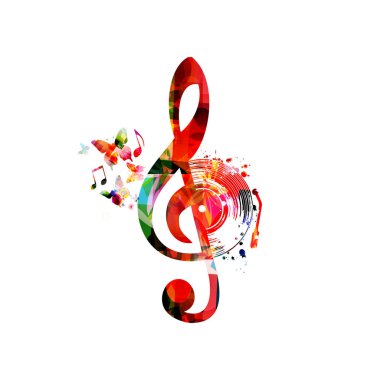 Beyaz arka plan, müzik festivali posteri izole müzik notları ve kelebekler ile renkli tiz clef 