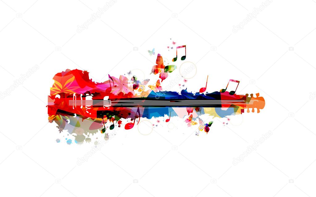 Colorful guitar with music notes and butterflies isolated on white background, music festival poster 